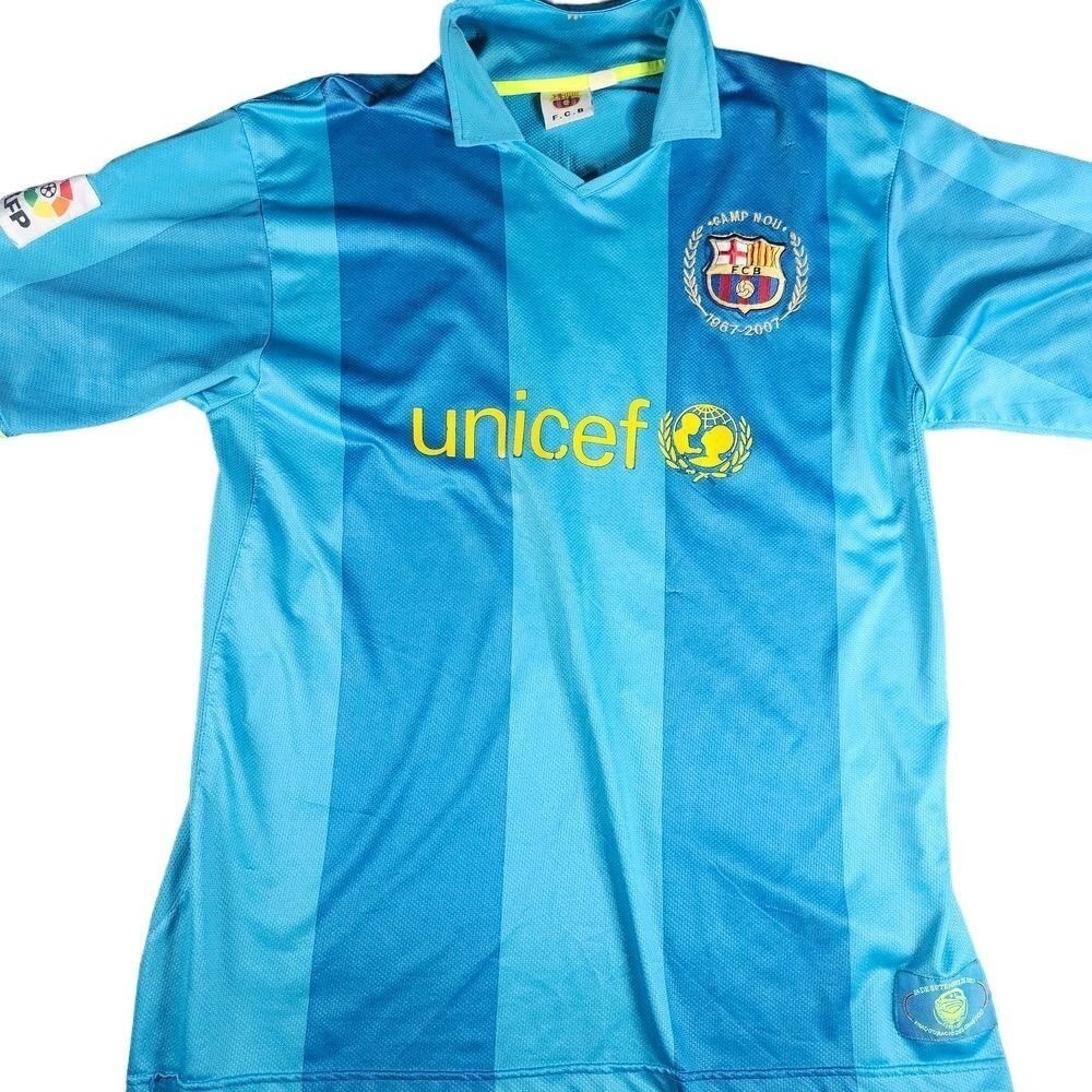 FC BARCELONA MENS L BLUE LA LIGA CAMP NOU 1957-2007 SOCCER JERSEY EUC